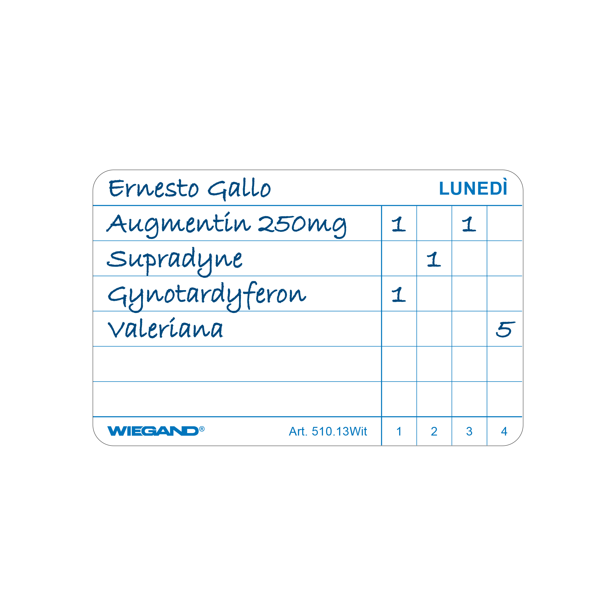Etiketten für Medikation, mit Wochentagen, in Italienisch
