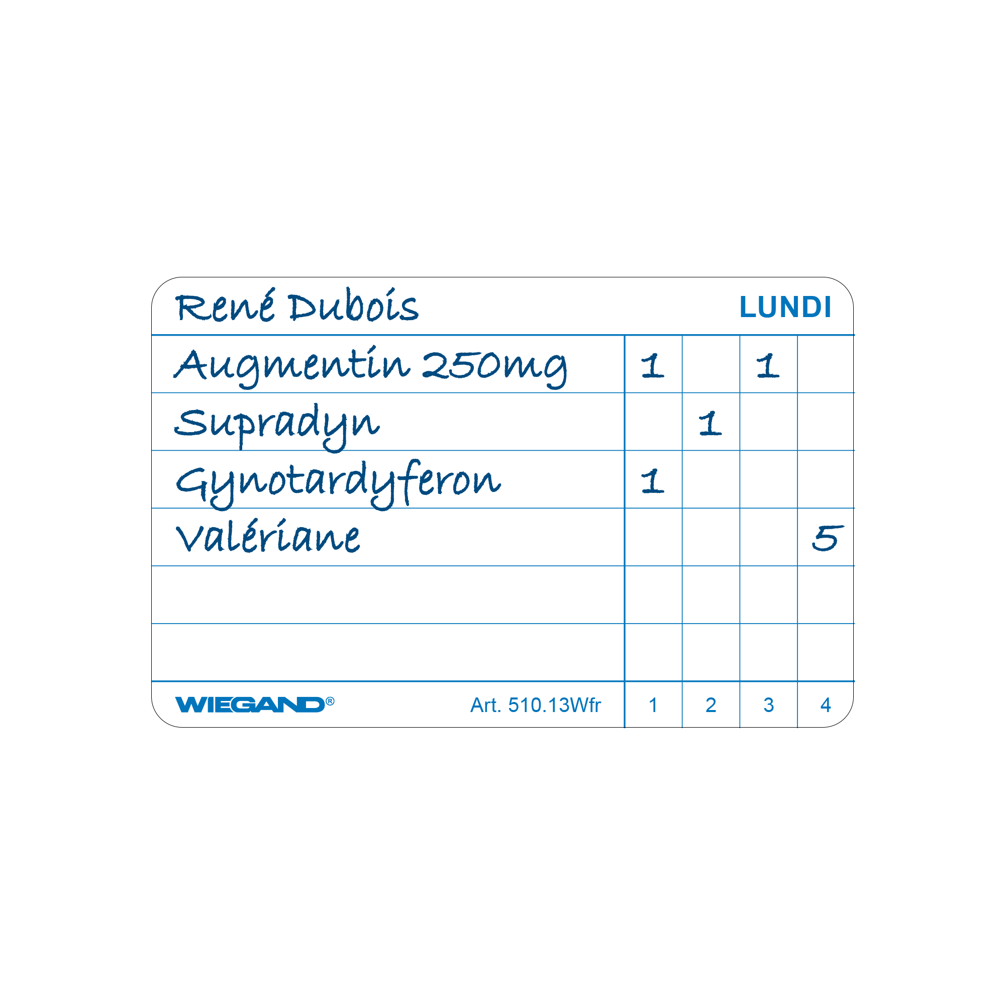 Etiketten für Medikation,  mit Wochentagen, in Französisch