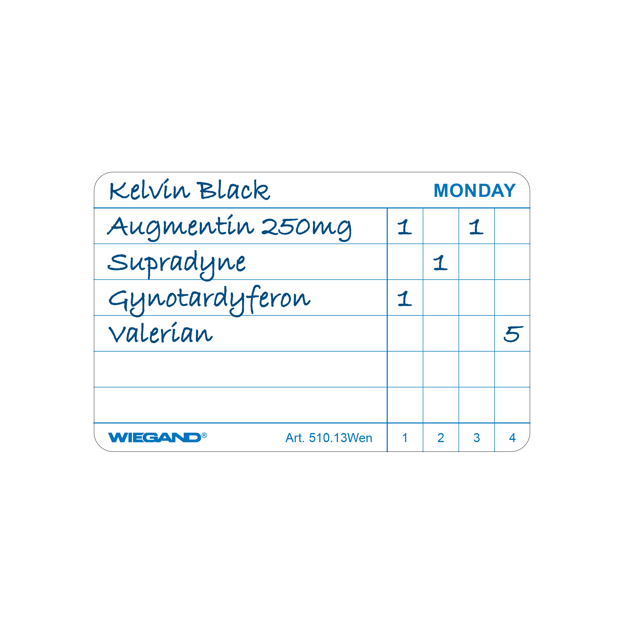 Etiketten für Medikation,  mit Wochentagen, in Englisch